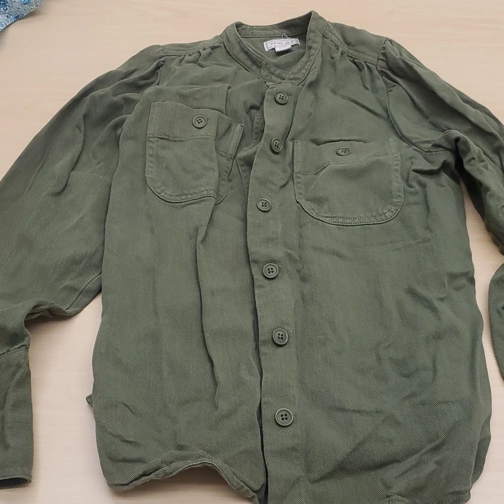 J Crew Point Sur Puff Shoulder Army Green Long Sleeve Blouse size XXS